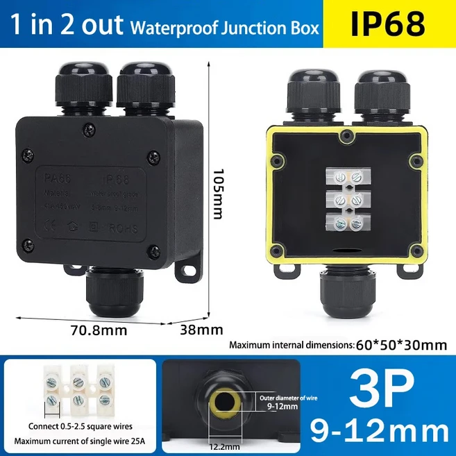 IP68 방수 커넥터 LED 조명 케이블 전기 상자 2/3/4/5P 접합 야외 와이어, 06 F2 3T 3P 9-12mm