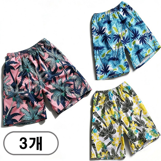 차쿠 1+1+1 남성 비치팬츠 얇은 스포츠 꽃바지 바캉스 휴양지 플라워 반바지 루르핏 빅사이즈, 옵선1