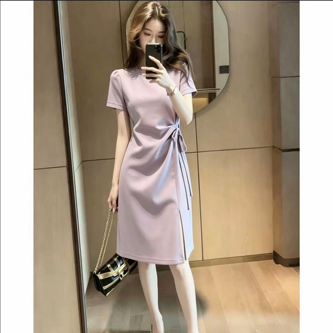 法式簡約氣質紫色短袖洋裝 女設計感開腰A字中長裙, 紫色