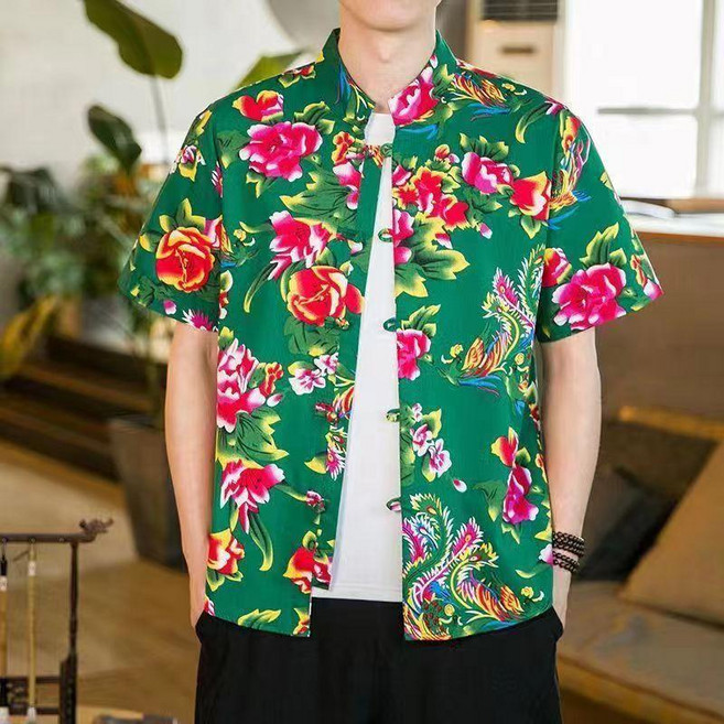超值 新中式東北大花襯衫中國風盤扣唐裝男士夏季短袖伴郎服衣服國潮風 副廠商品