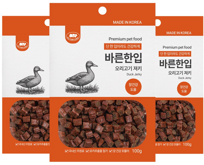 바른한입 져키 1kg 고기가득 국산 국내산 글루텐프리 강아지 간식, 3개, 100g, 오리(장건강)