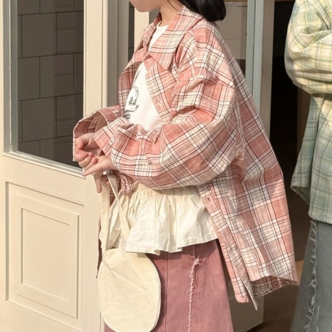 구빠방 아동 루즈핏 카라넥 체크 패턴 긴팔 셔츠