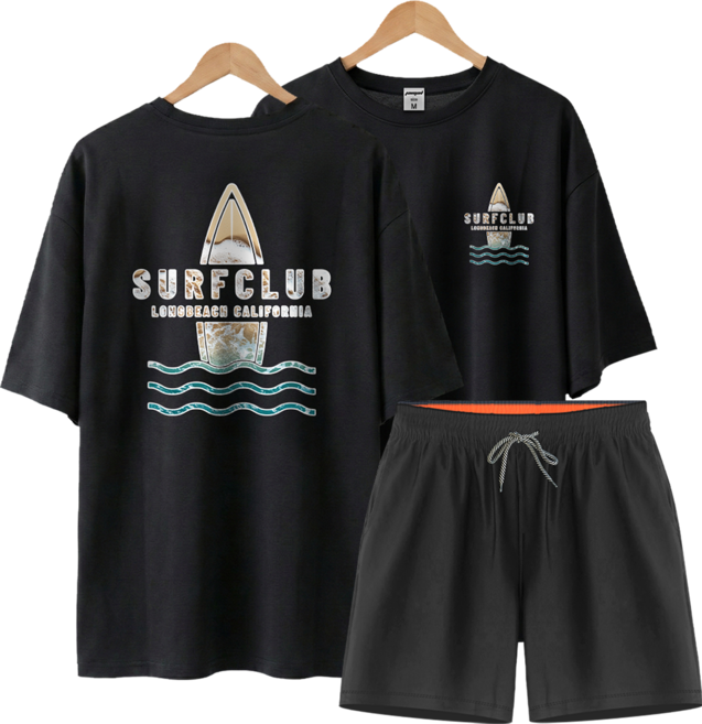 몰토벨리노 서핑웨이브 그래픽 데일리 반팔 오버핏 래쉬가드 상의 & 4부 보드숏 비치 바지 상하 세트, 서프클럽 세트