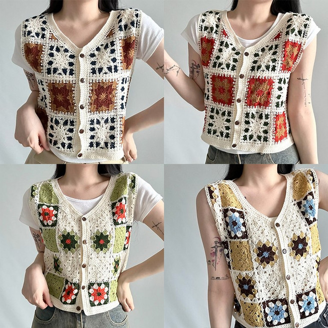 디아브 니트 뜨개 꽃무늬 조끼 플라워 패턴 그물 빈티지 무드 크로쉐