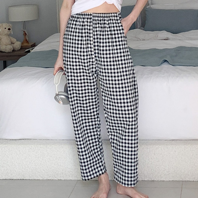 자모시 여성 잠옷바지 잔 체크 잠옷 주머니 파자마 9부 홈웨어