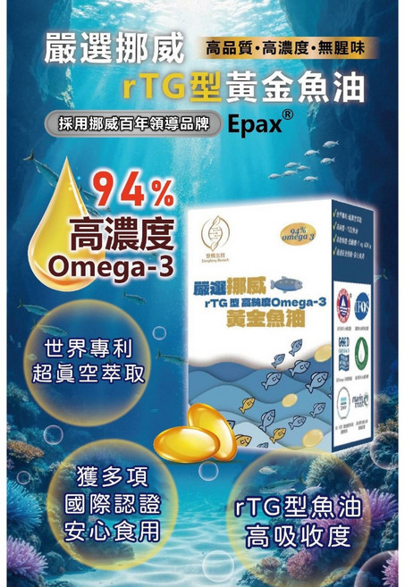 【嚴選挪威】rTG型黃金魚油 94%高濃度Omega-3, 30粒入/盒