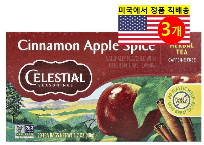 Celestial Seasonings 오가닉 계피 사과 과일 차 20개입 48g 1개, 3개