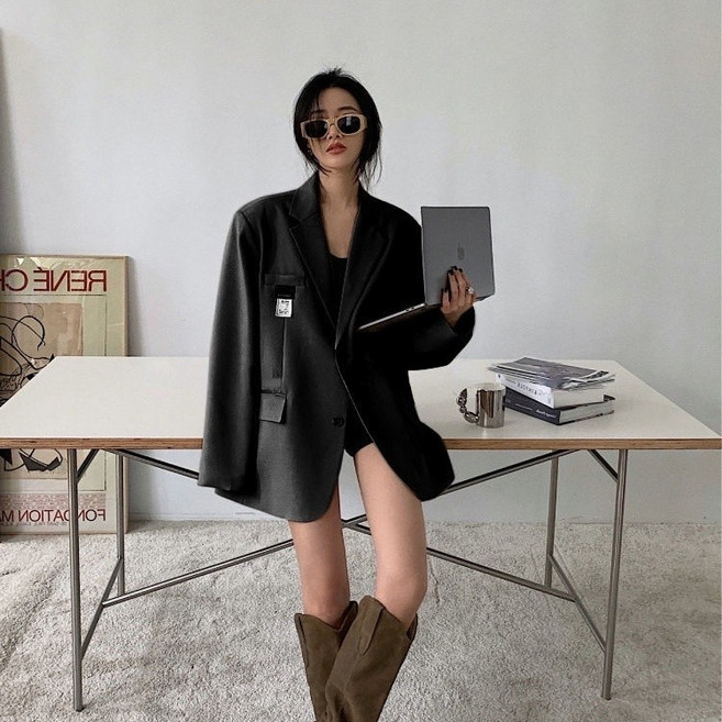 休閒西裝外套 韓版 寬鬆 復古風 長版