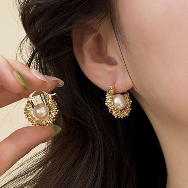 여성 파티 행사 진주 골드 링 원터치 귀걸이 A1495