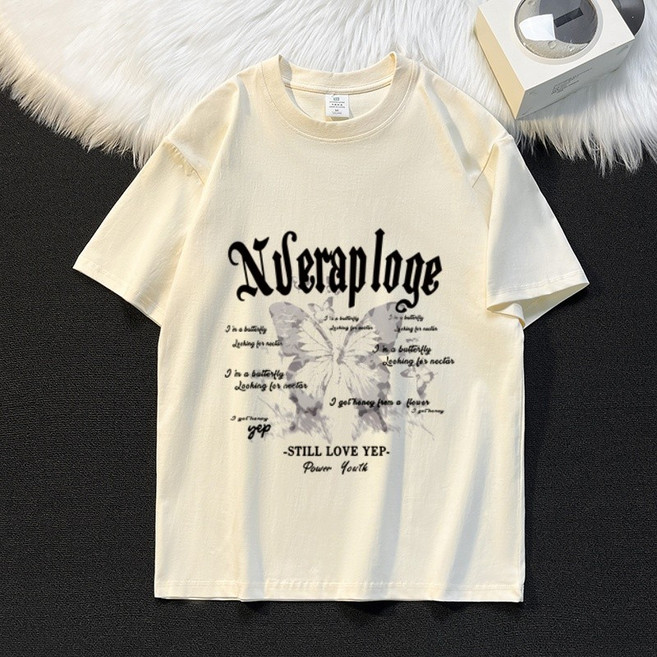 重磅棉質印花T恤 OVERSIZE 美式韓風 寬鬆百搭上衣, 杏色【重磅】,2XL