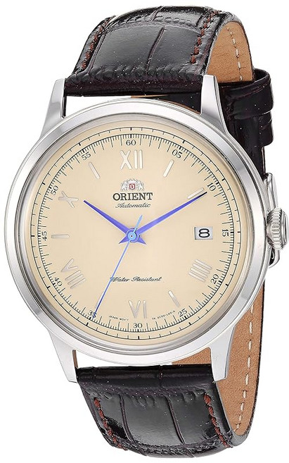Orient 'Bambino Version 2' 스테인레스 스틸 일본제 자동 감기/손으로 감는 드레스 시계 크림 스테인레스 스틸로 제작.