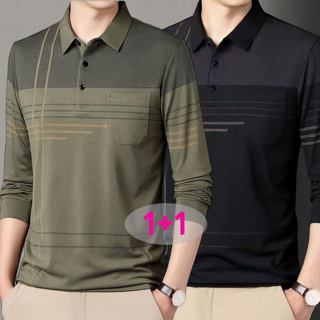 JUSTFEELING 1+1 중년남성 카라 티셔츠 아빠룩 데일리 긴팔티셔츠 카리티 루즈핏 봄 가을 오버핏 남자 상의 티 M-4XL