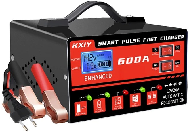 자동 정지 배터리 충전기 스마트 펄스 수리 디지털 LCD 디스플레이 전압 온도 감지 12V 24V 600A, 02 Red EU plug