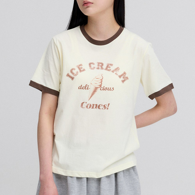 치코 여성 아이스크림 프린팅 반팔 티셔츠 버터옐로우 반팔티