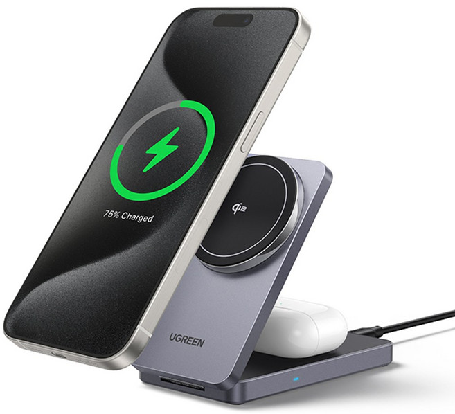 유그린 맥세이프 Qi2 무선 고속 폴더블 2in1 15W 충전기 W706, 1개, 45023