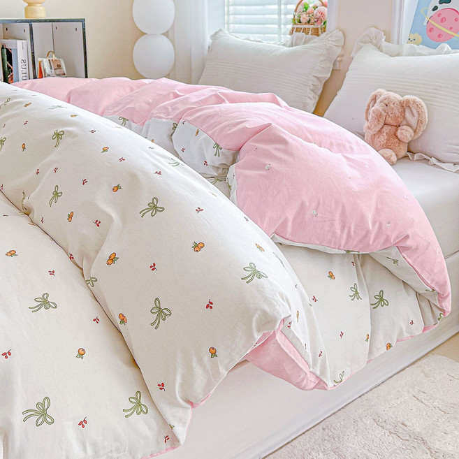 다이에나 순면 40수 이불 커버 단품 사계절 LOVE, 화이트 리본