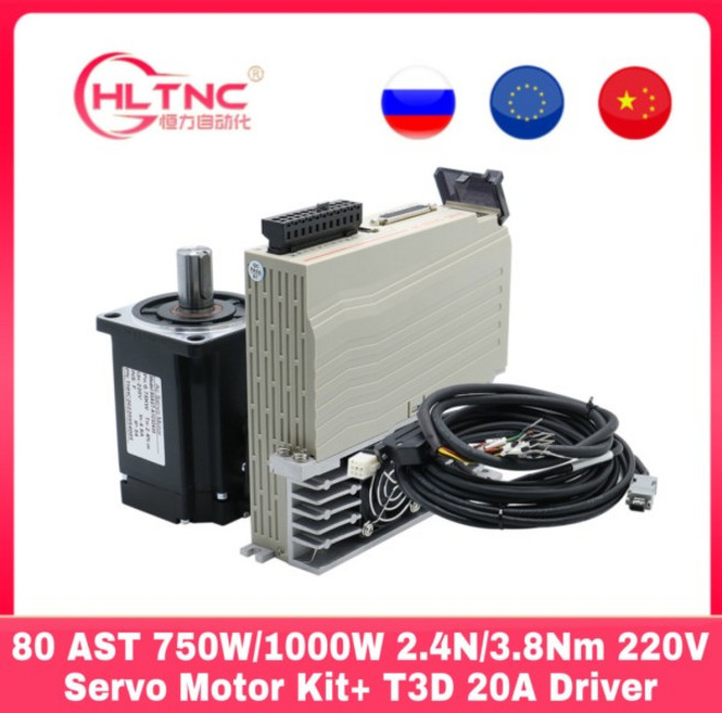 모터80 플랜지 AC 서보 모터 220V 750W 1000W 2.4Nm / 3.8Nm + CNC 기계용 3m 케이블이 있는 드라이버 T3D-, 01 CHINA, 02 750w with brake