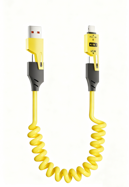 4合1彈簧傳輸線 65W USB-A Type-C Lightning, 黃色, 1個, 100cm