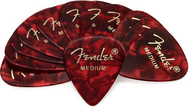Fender 프리미엄 셀룰로이드 기타 피크 351 모양 블랙 모토 얇음 12팩, 12-Pack, Medium, Red Moto