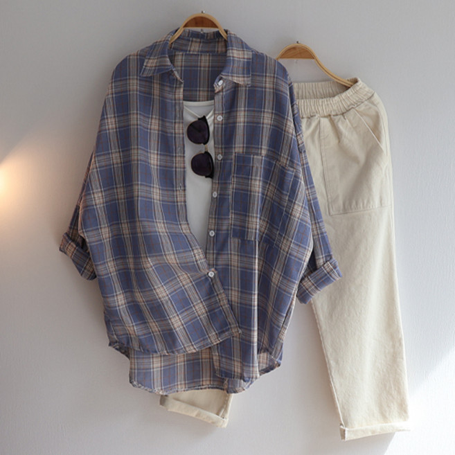 스카이코코 긴팔 셔츠 간절기 솔리드 체크 롱 남방