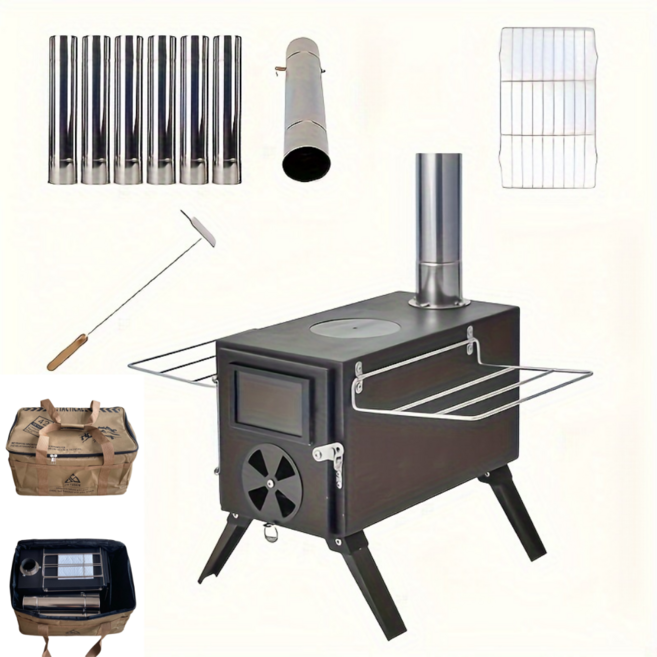 캠핑난로 화목난로 연통7개 가방포함 풀세트 나이테, 1개, 난로(검정)+가방(카키)