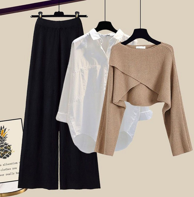 FANSYLI 가을 겨울 캐주얼 세트 패션 숏 라운드 루즈핏 스웨터 긴팔 셔츠 하이웨스트 와이드 팬츠 쓰리피스 여성 빅사이즈 루즈핏 캐주얼 통근 세트 X2409S2887