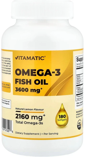 비타매틱 오메가-3 피쉬 오일 천연 레몬향 180 소프트젤 VMC-47320 - 쿠팡