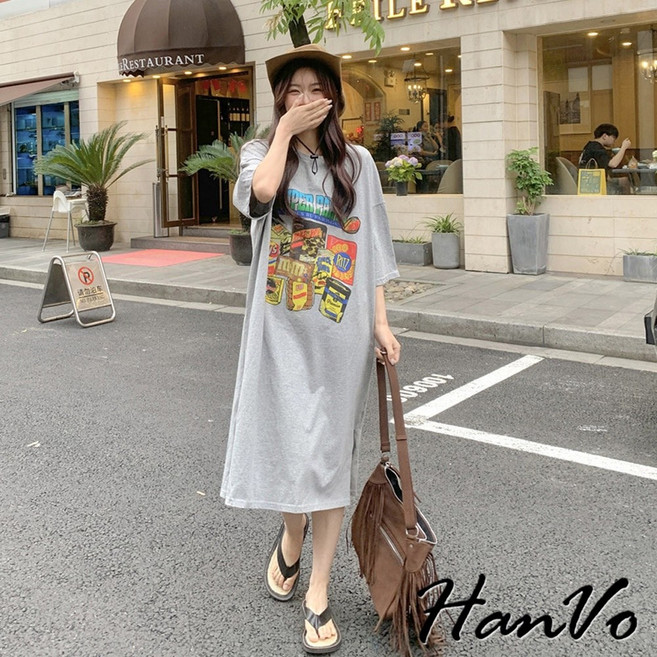 HanVo 美式零食趣味設計 百搭舒適簡約洋裝 韓系女裝 A06-3715, 淺灰
