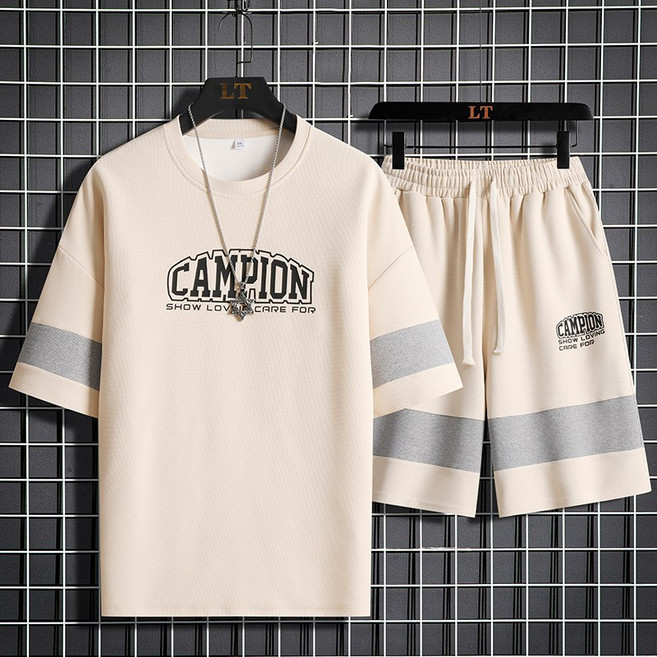 ANYOU 여름 남성 트레이닝 세트 스쿨룩 캐주얼 반팔티+반바지 투피스