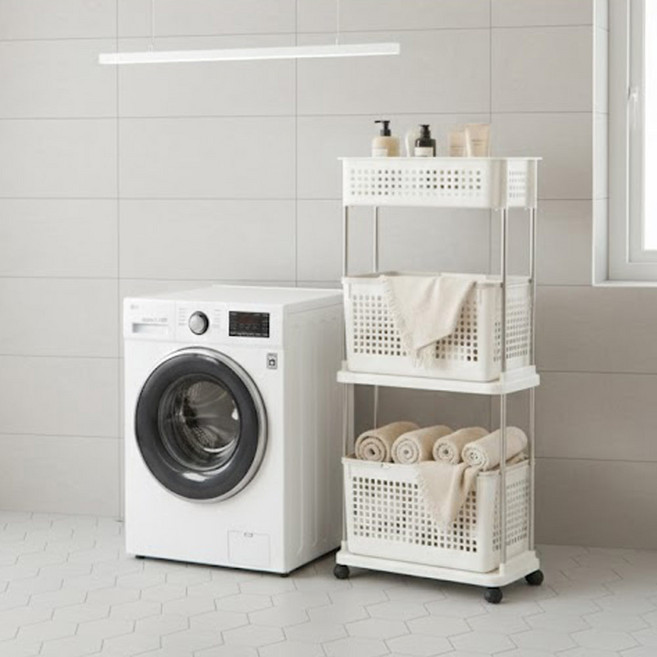 엔조이리빙 대용량 이동식빨래바구니 수납형 더블와이드 3단, (와이드3단B)베이지, 베이지