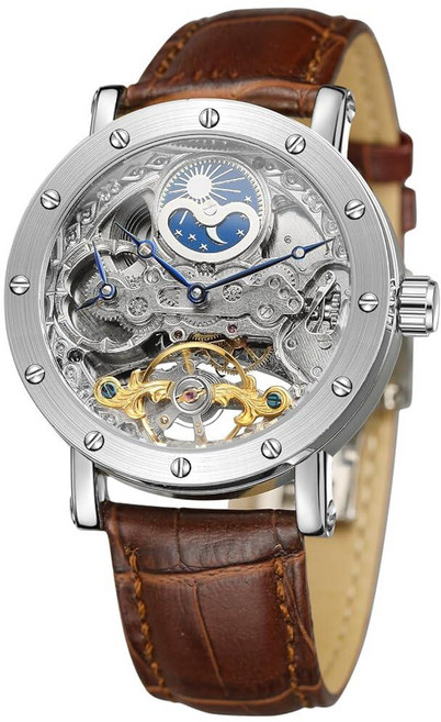 [미국수입정품] FORSINING 남성용 독특한 디자인 럭셔리 오토매틱 Movt 스타일 천연 가죽 스트랩 스켈레톤 시계 문 페이즈 실버 브라운 160475