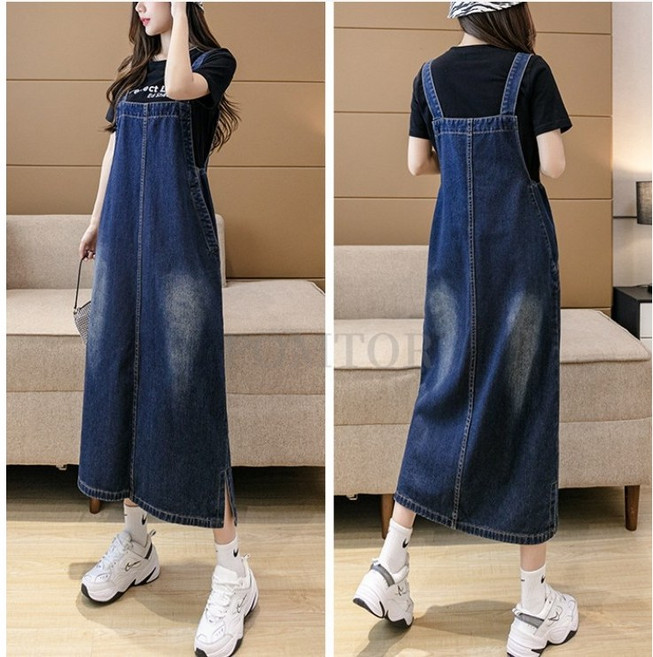 POMTOR 여성 루즈핏 빅사이즈 데님원피스 롱 데님 멜빵 원피스(S-5XL)