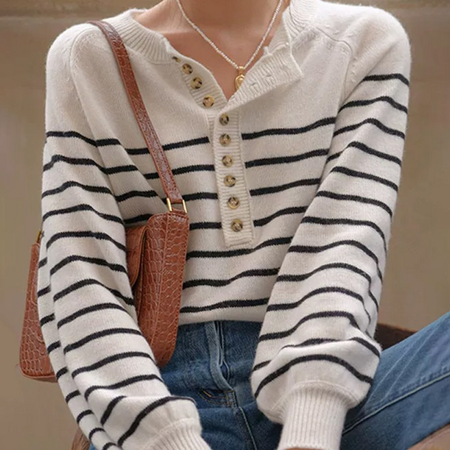 NUTRIVIO 여성 스웨터 소프트 단추 봄 라운드넥 긴팔 니트