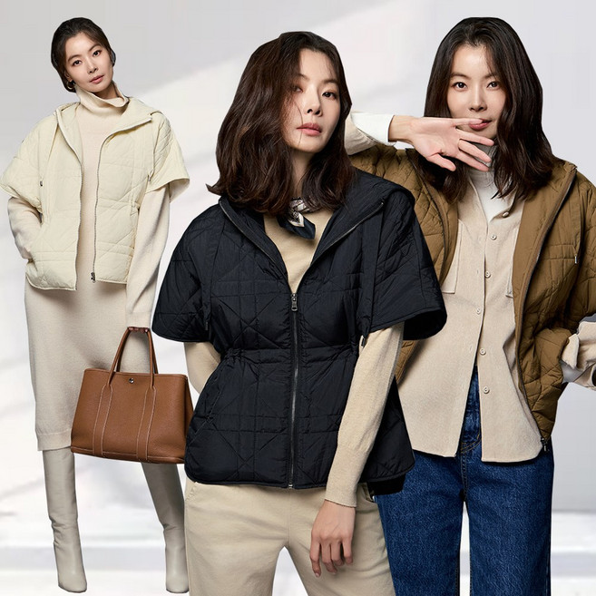 메시제이 퀼팅 케이프 후드 패딩 트임 조끼 베스트 빅사이즈 30대 40대 여성 결혼식하객룩 오피스룩