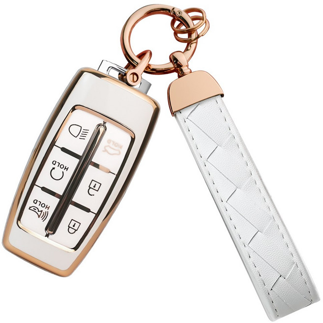 MODACE 제네시스 자동차키 케이스+가죽 메탈 키링 키홀더 TPU 소프트젤 보호 케이스 6버튼/8버튼, 6버튼-골드 화이트