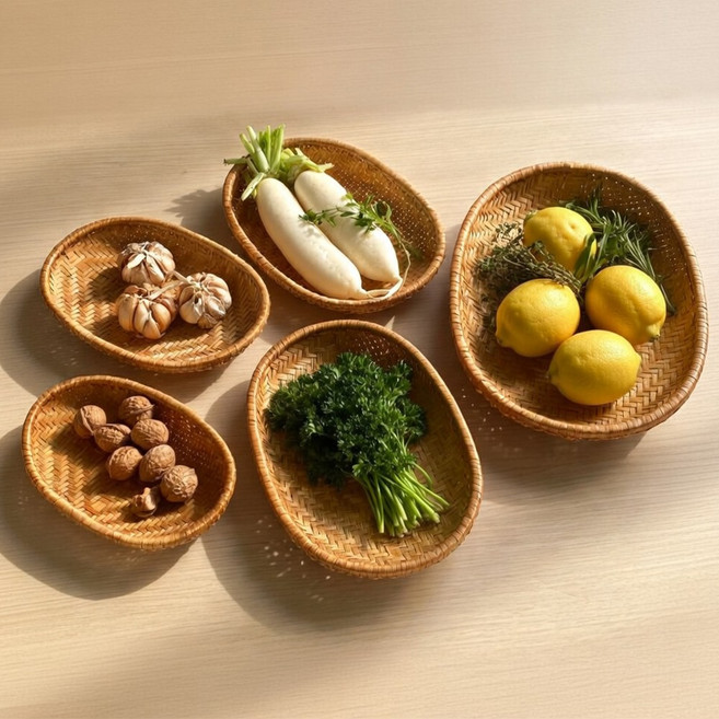 오릴리 라탄 수제 타원형 바구니 5종, 1개, 내추럴