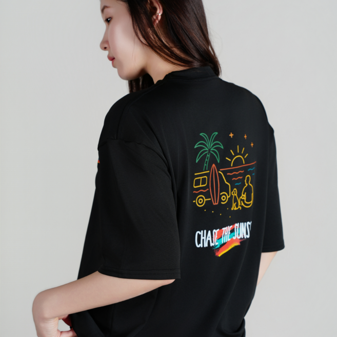 루나인 루즈핏 래쉬가드 반팔티셔츠 남자 여자공용, 썬셋-블랙