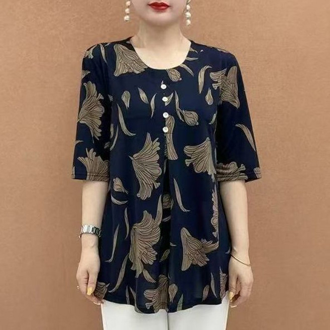 중년 여성 반팔 티셔츠 봄 여름 엄마옷 루즈핏 라운드넥 티셔츠 캐주얼 코디 여자 5부 소매 얇은 상의 WMY