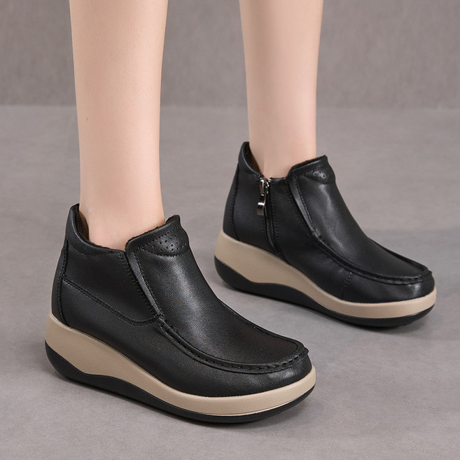 POMTOR 여성 구두 운동화 5cm키높이 기모 소가죽 경량 여성 슬립온