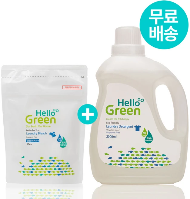 헬로그린 중성 아기세탁세제 무향 3000ml + 과탄산소다 캡슐표백제 30개 세트, 1개 - 쿠팡