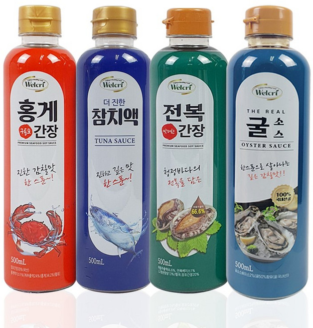 웰크리 홍게간장 500ml 1P + 전복간장 500ml 1P+ 참치액 500ml 1P + 굴소스 500ml 1P (케이스없음/벌크), 4개