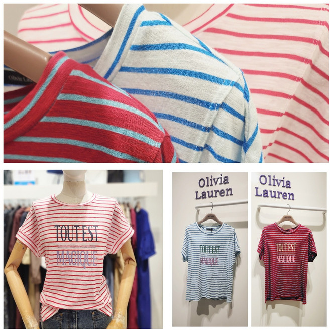 올리비아로렌 스트라이프 레터링 절개 라인 반팔 티셔츠 nc청주점 vobas4f7111