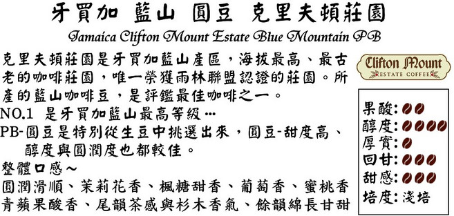 牙買加 藍山 NO.1 克里福頓莊園 圓豆, 1個, 牙買加 藍山 生豆 水洗 圓豆 1KG