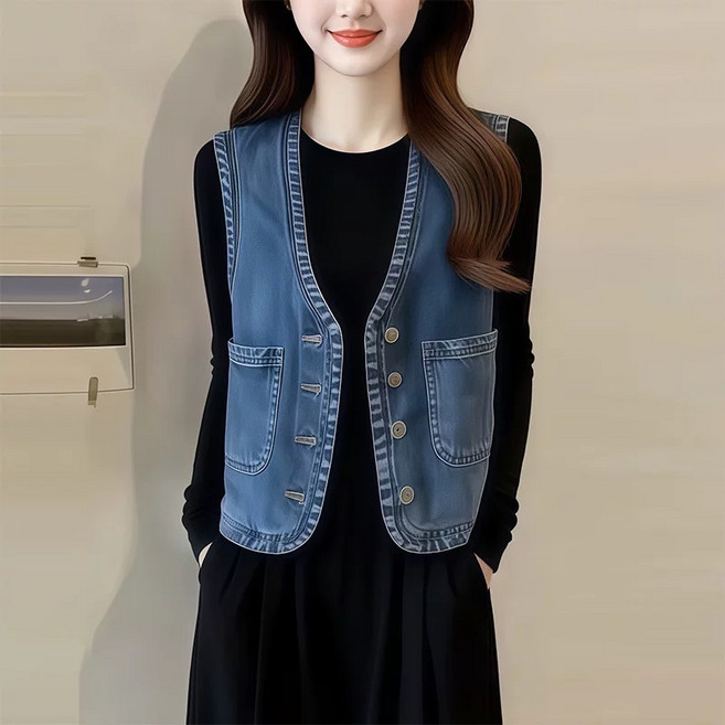Makone 여성 브이넥 청조끼 캐주얼 루즈핏 워싱 스타일리시 데님 베스트 데일리 민소매 가디건 상의