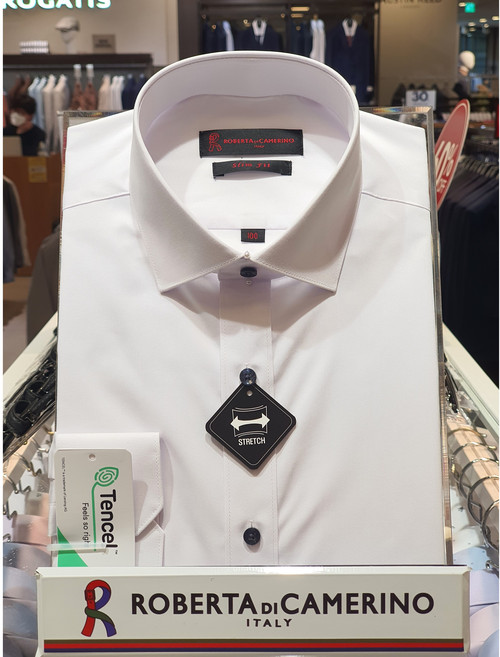 5F [신사] 로베르따 남성셔츠 긴팔 90-110호 모달스판 네이비단추 사계절 무배색화이트 슬림핏셔츠 RM13511