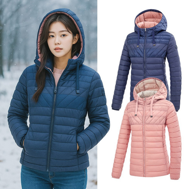 콜핑 2164JK758W 후드부착 스트링 보온 투톤 여자 겨울 경량 패딩 자켓