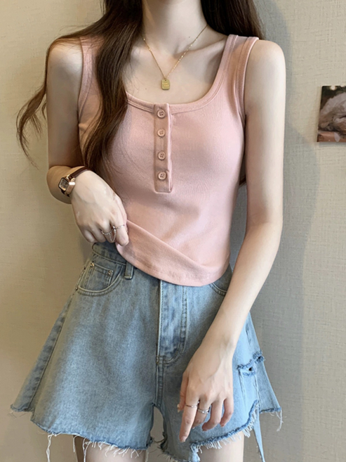 Neirny 여성 빅사이즈 라운드넥 민소매 나시티 봄가을 간절기 스판 모달 버튼 나시 이너 슬림핏 캐주얼 아우터 나시 상의