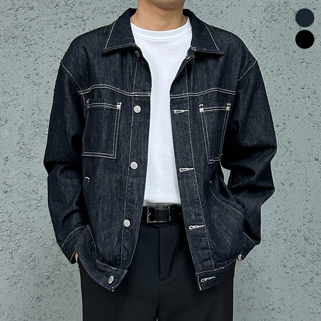 더맨쉽 남자 오버핏 논페이드 생지 스티치 데님 자켓 진청 흑청 GQTJP69001