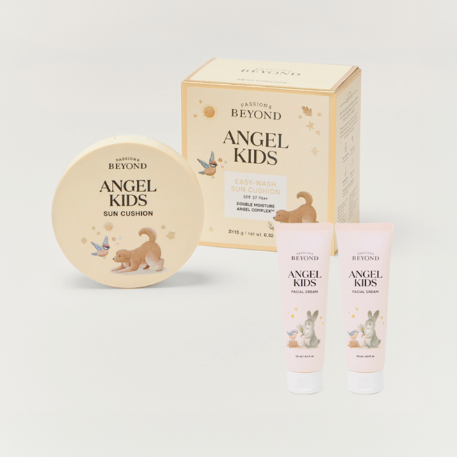 라운지딜 비욘드 엔젤키즈 이지워시 선쿠션 본품 15g+리필 15g SPF 37 / PA+++엔젤키즈 페이셜 크림 10mL 2개, 라운지딜 비욘드 엔젤키즈 이지워시 선쿠션 본품 15g+, 1