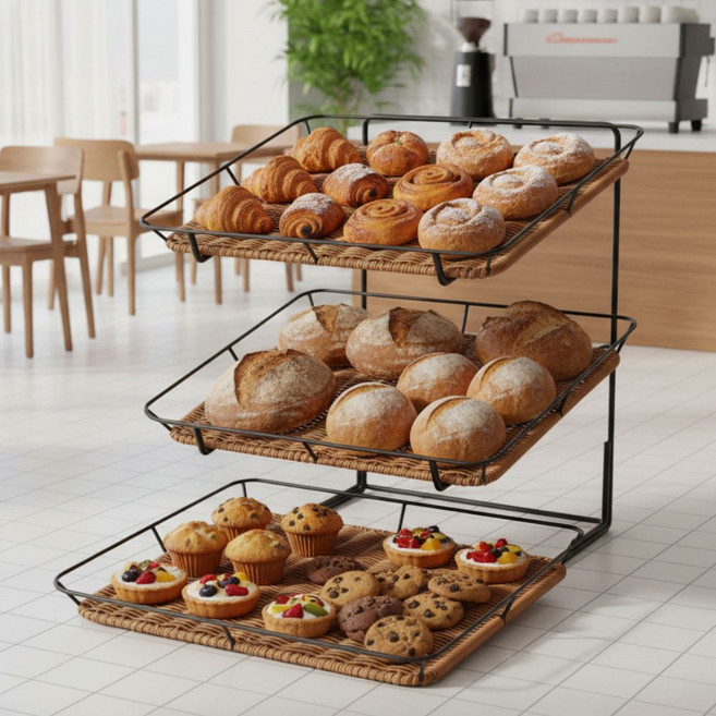 3단 사각 철재 트레이 3개 스탠드 소세트 진열 빵 카페 베이커리 편의점 바스켓 매장진열, 브라운, 1세트